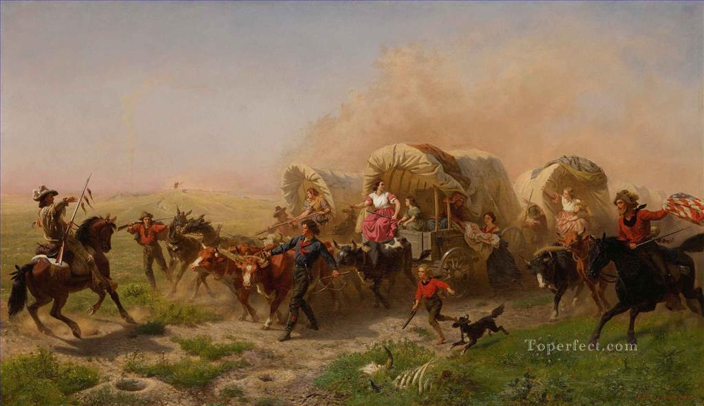 INDIANS ATTACKING A WAGON TRAIN Emanuel Leutze Oil Paintings